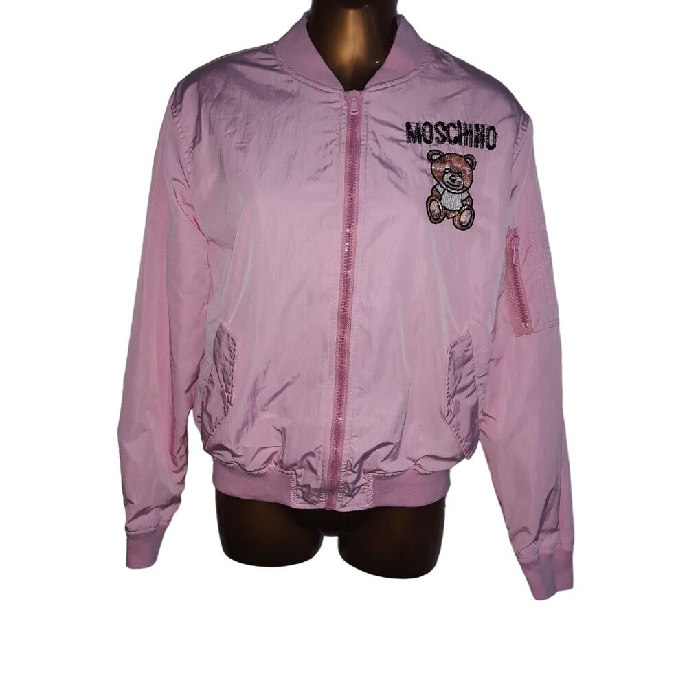 Moschino Couture Sz 2 Pink Beaded Teddy Bear Bomber Jacket NWOT